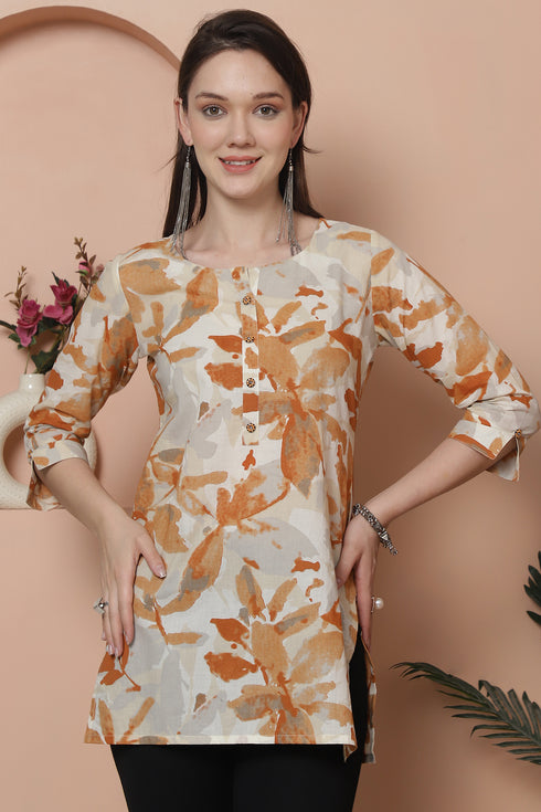 White & Chikoo Pure Cotton Abstract Printed Tunic