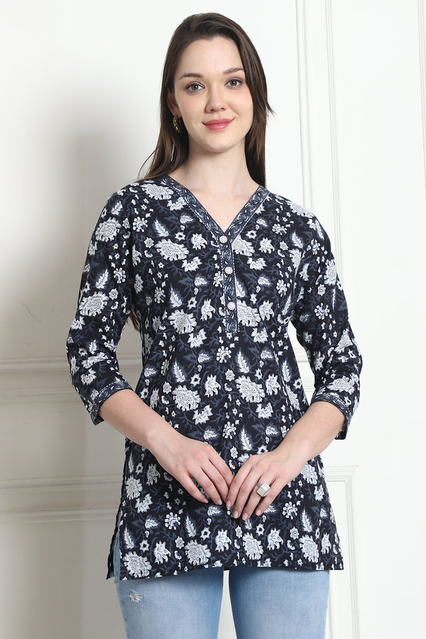 Black & White Cotton Floral Printed Tunic