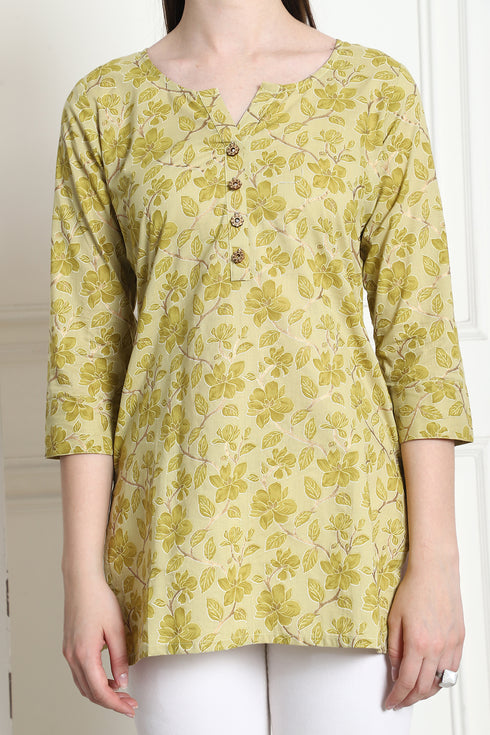 Lime Yellow Cotton Foil Printed Tunic