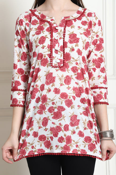 White & Magenta Cotton Floral Printed Tunic