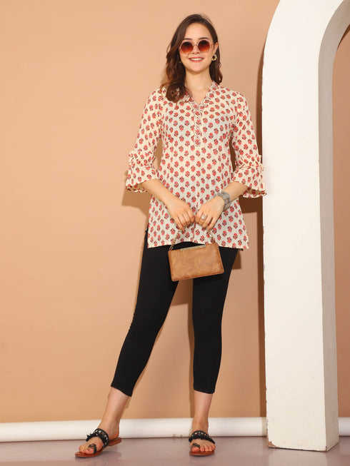 White Pure Cotton Floral Printed Tunic