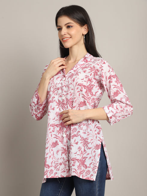 White & Dusty Pink Women Pure Cotton Floral Printed Tunic