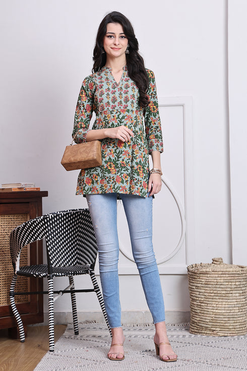 Green Women's Pure Cotton Jaipuri Printed Tunic