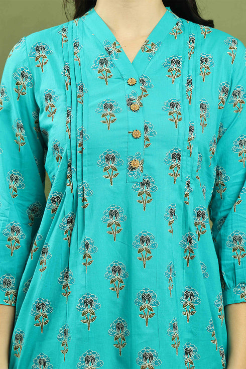 Sky Blue Women Pure Cotton Jaipuri Printed Tunic