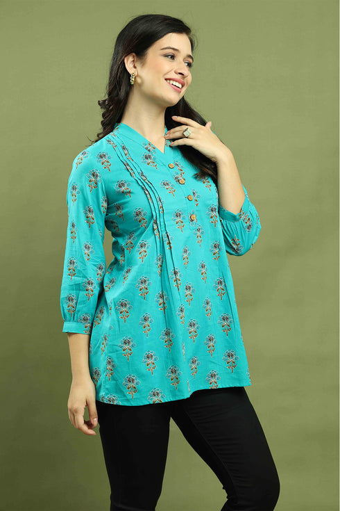 Sky Blue Women Pure Cotton Jaipuri Printed Tunic