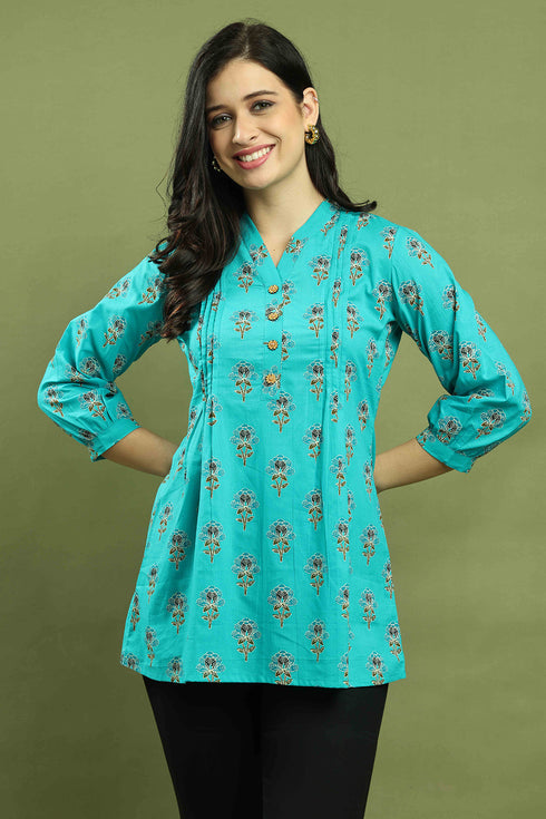 Sky Blue Women Pure Cotton Jaipuri Printed Tunic