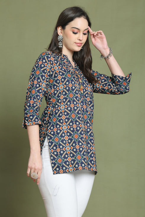 Navy Blue Pure Cotton Jaipuri Printed Tunic