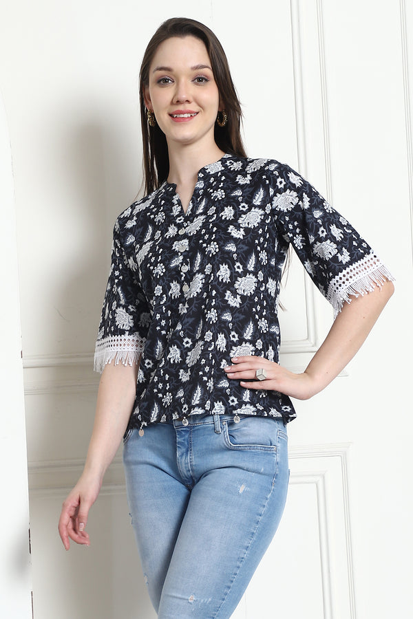 Black & White Cotton Floral Printed Crop Top