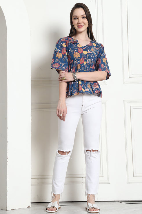 Blue Cotton Floral Printed Crop Top