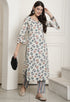 Cream & Grey Rayon Jaipuri Printed Kurta With Pant