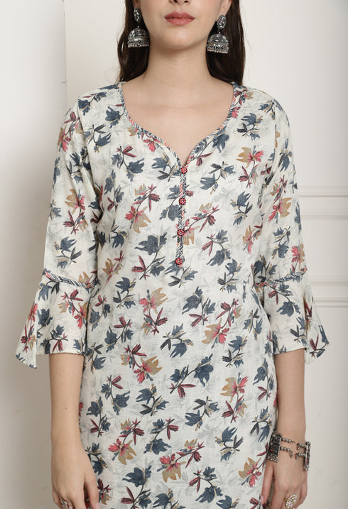 Cream & Grey Rayon Jaipuri Printed Kurta With Pant