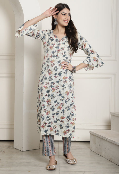 Cream & Grey Rayon Jaipuri Printed Kurta With Pant