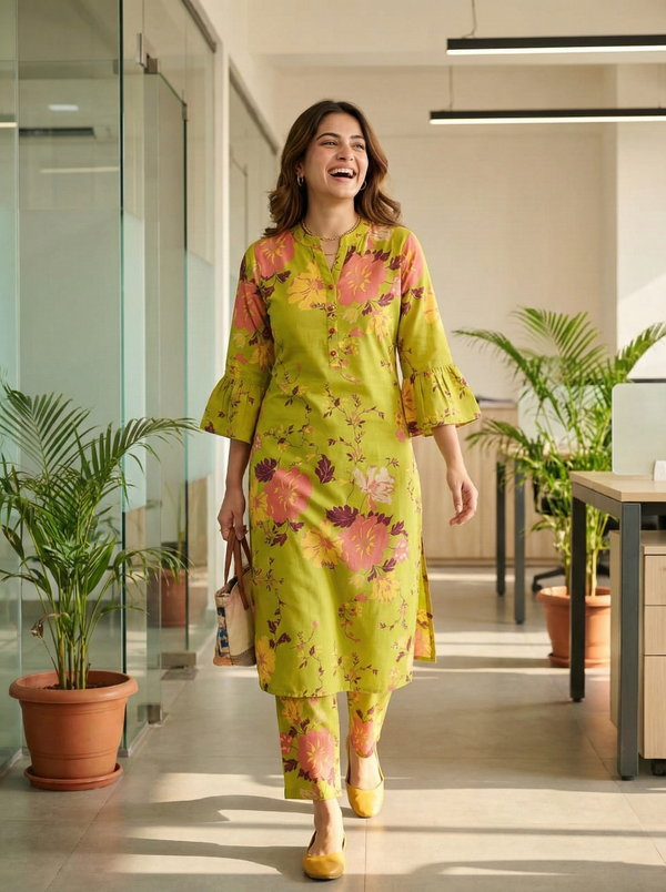 Parrot Green Cotton Jaipuri Printed Straight Kurta With Pant
