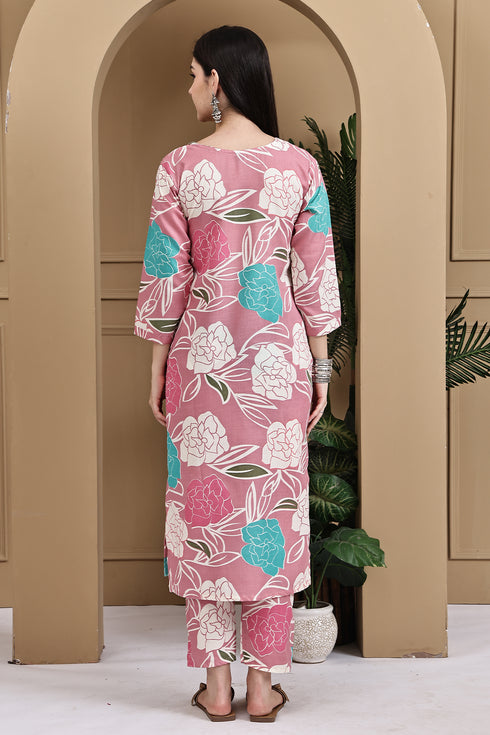 Pink Cotton Floral Printed Kurta With Pant