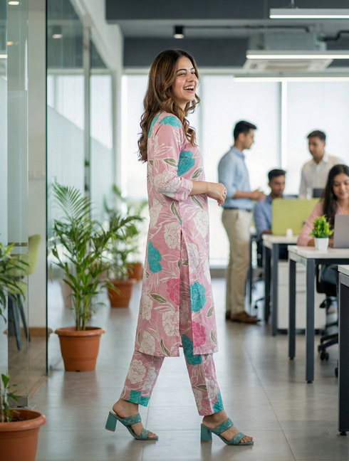 Pink Cotton Floral Printed Kurta With Pant