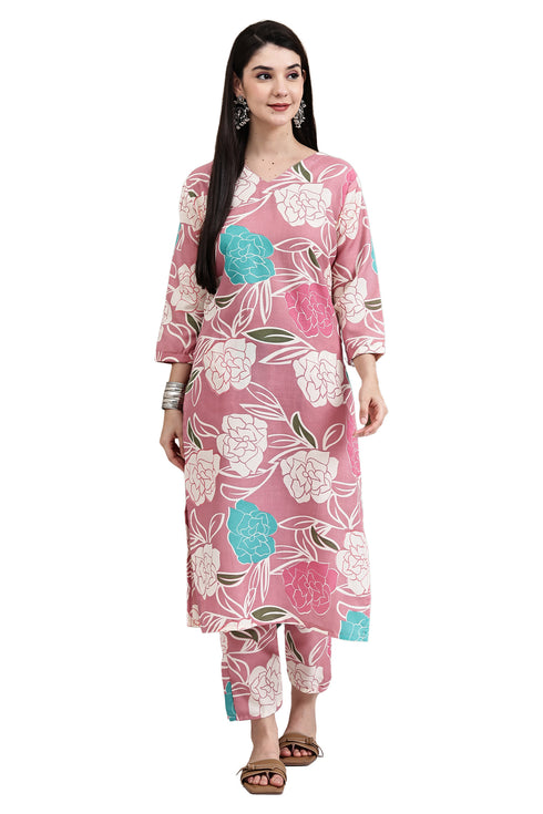 Pink Cotton Floral Printed Kurta With Pant