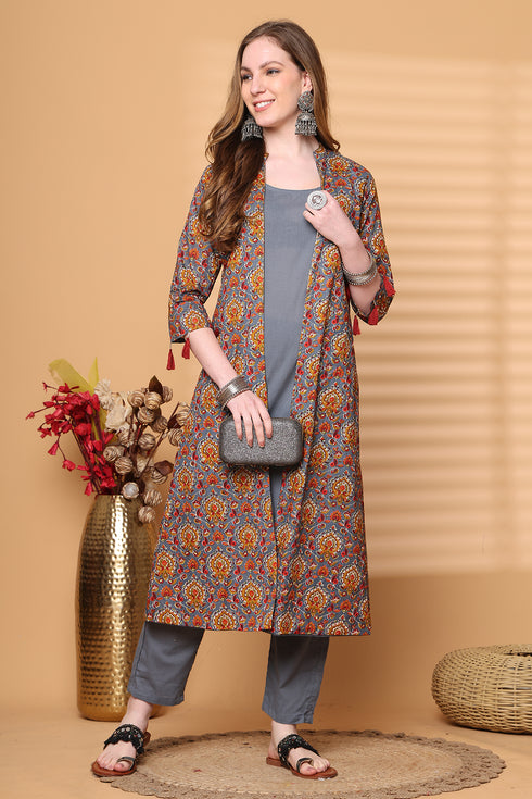 Brown Pure Cotton Jaipuri Printed Kurta-Shrug With Pant