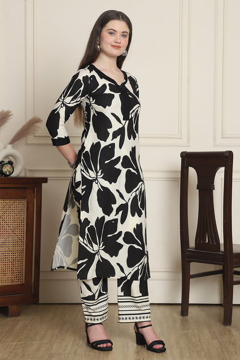 Women Black & Off White Cotton Botanical Floral Printed Kurta With Pant