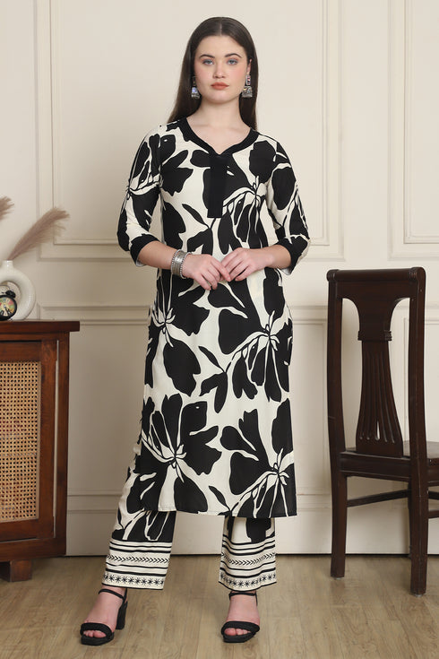 Women Black & Off White Cotton Botanical Floral Printed Kurta With Pant