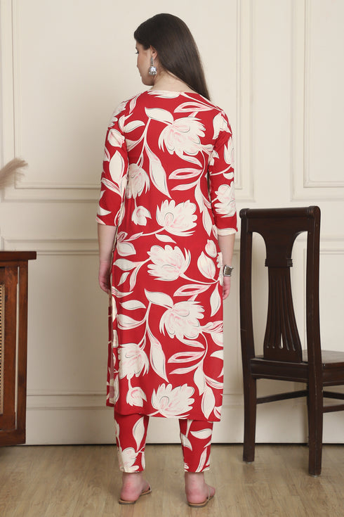 Women Red & Off White Cotton Botanical Floral Printed Kurta With Pant