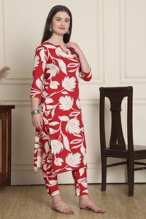 Women Red & Off White Cotton Botanical Floral Printed Kurta With Pant