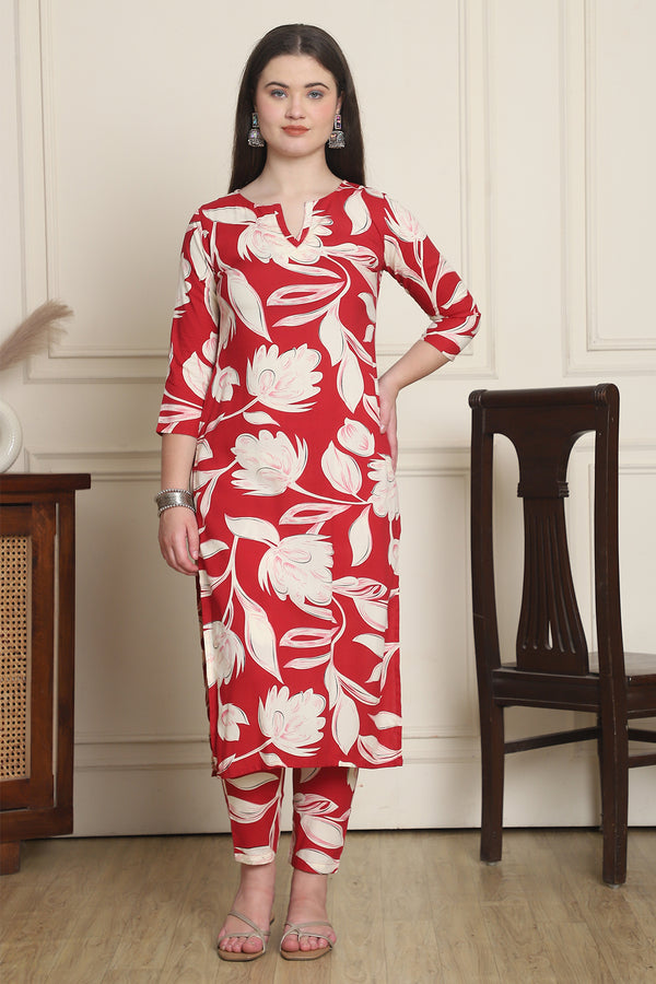 Women Red & Off White Cotton Botanical Floral Printed Kurta With Pant