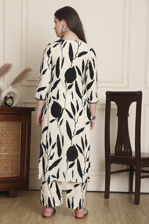 Women Off White & Black Cotton Botanical Floral Printed Kurta With Pant
