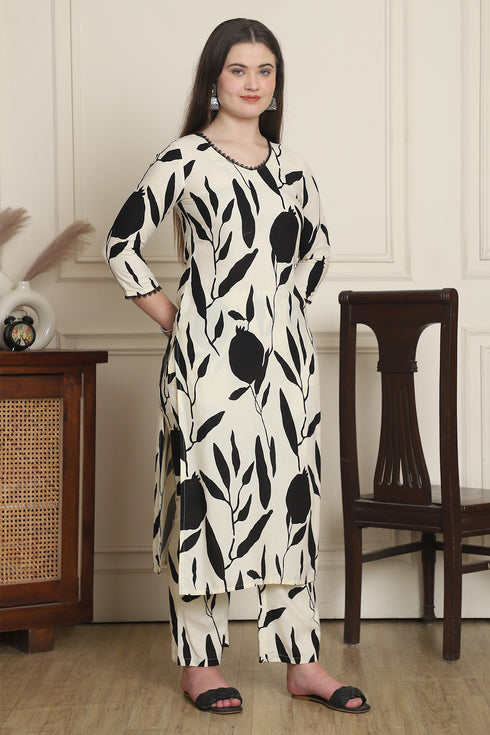 Women Off White & Black Cotton Botanical Floral Printed Kurta With Pant
