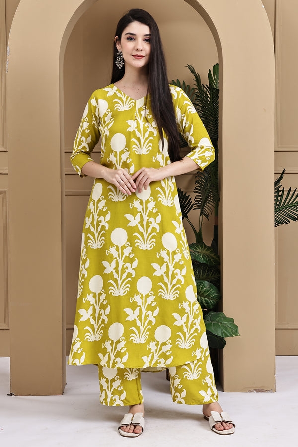 Women Lemon Yellow & White Cotton Botanical Floral Printed Kurta With Pant