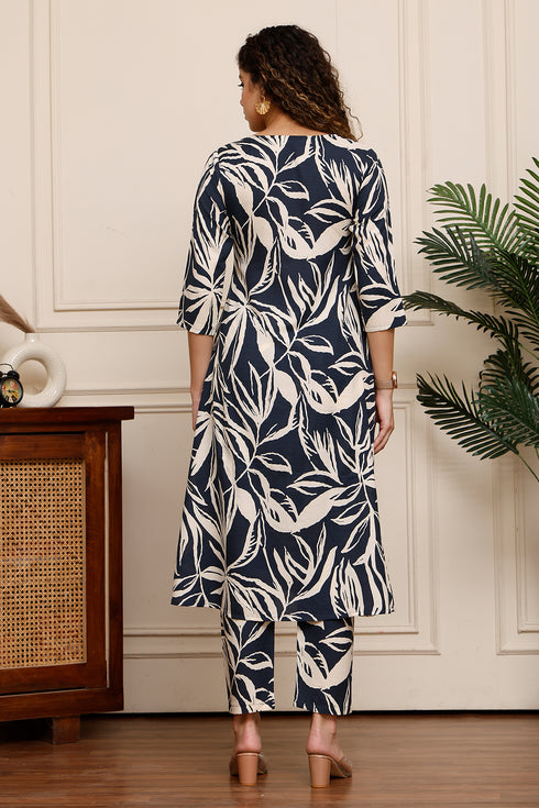 Midnight Waves Cotton Botanical Floral Printed Kurta With Pant