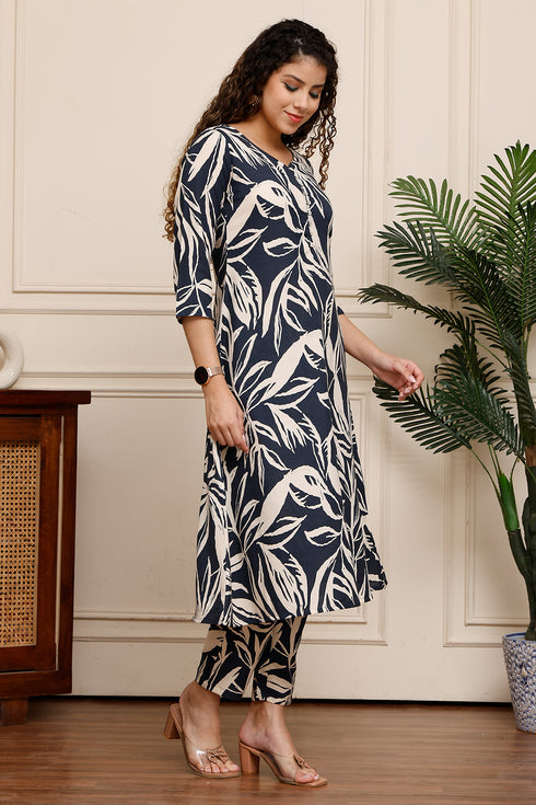 Midnight Waves Cotton Botanical Floral Printed Kurta With Pant