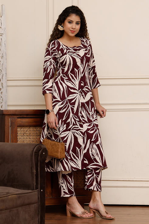 Maroon Muse Cotton Botanical Floral Printed Kurta With Pant