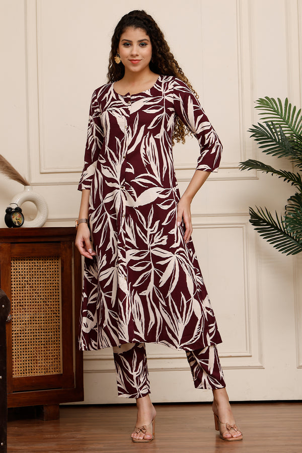 Maroon Muse Cotton Botanical Floral Printed Kurta With Pant