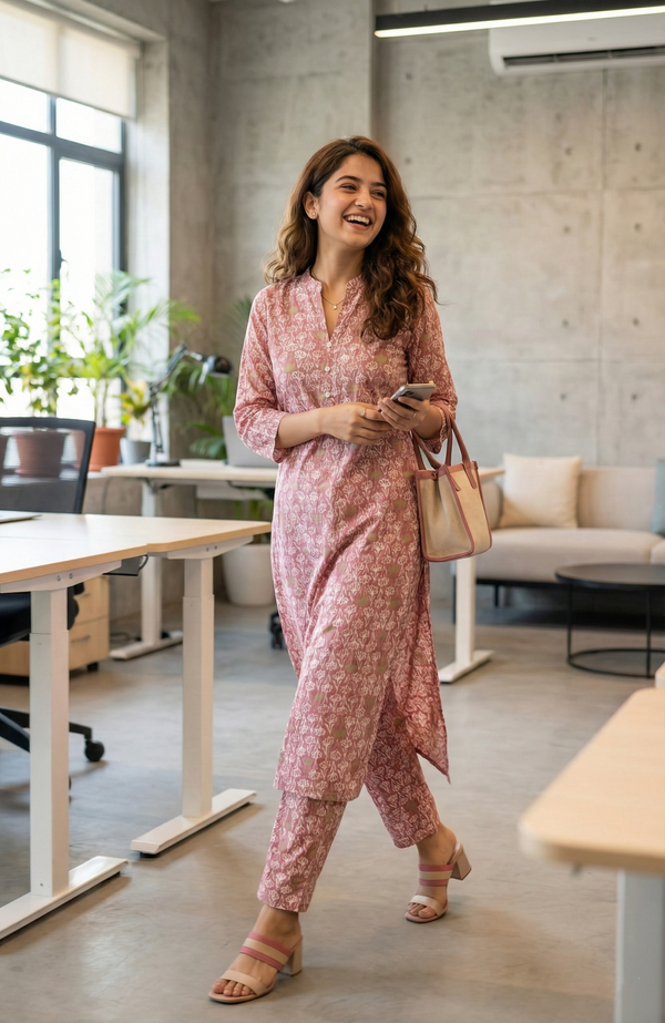 Stylish pink Jaipuri Printed Kurta With Pant