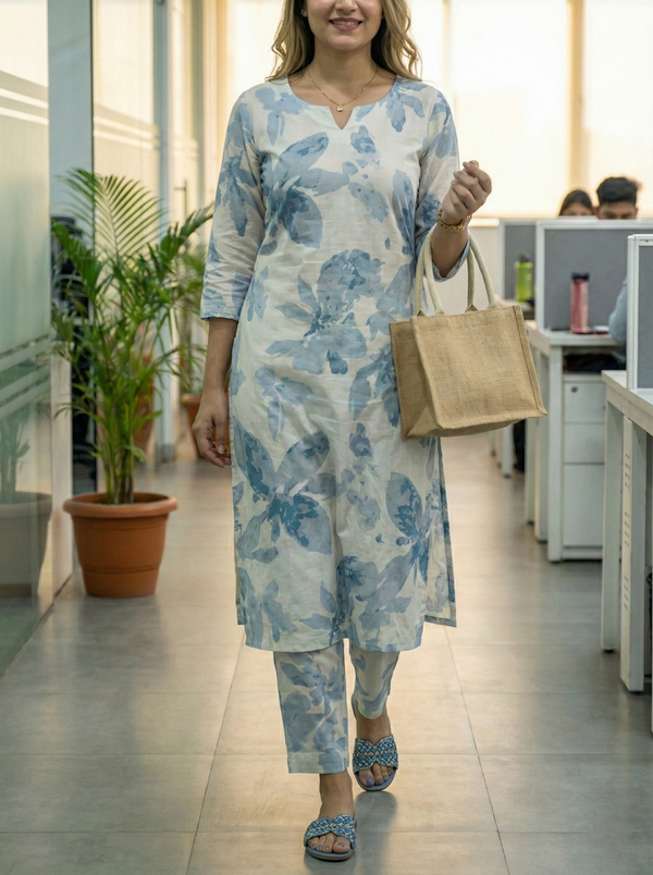 Blue Blossom Jaipuri Ensemble Kurta With Pant