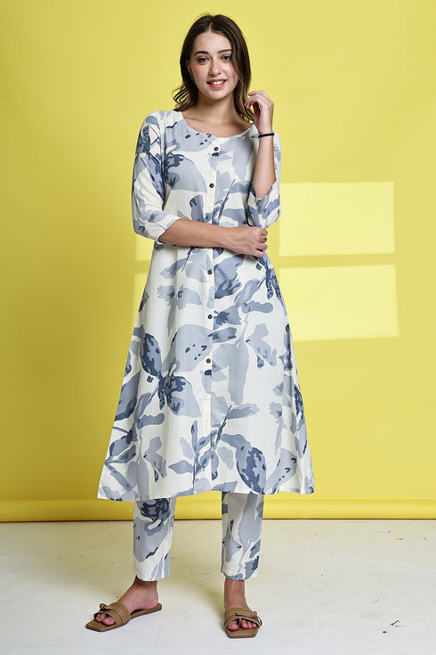Blue Blossom Jaipuri Ensemble Kurta With Pant