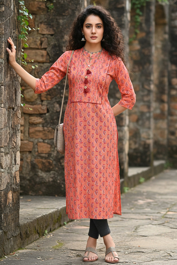 Orange Pure Cambric Cotton Jaipuri Printed Kurti