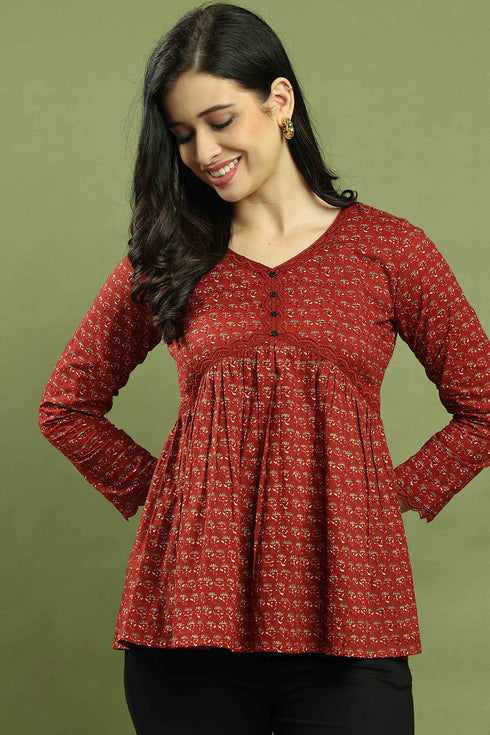 Maroon Women's Pure Cotton Jaipuri Printed Short Top