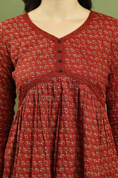 Maroon Women's Pure Cotton Jaipuri Printed Short Top