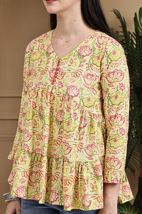 Yellow Pure Cotton Jaipuri Printed Short Top