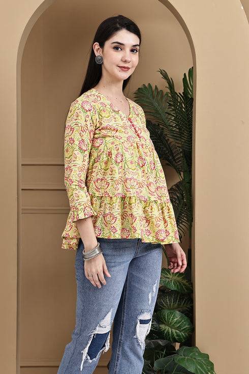 Yellow Pure Cotton Jaipuri Printed Short Top