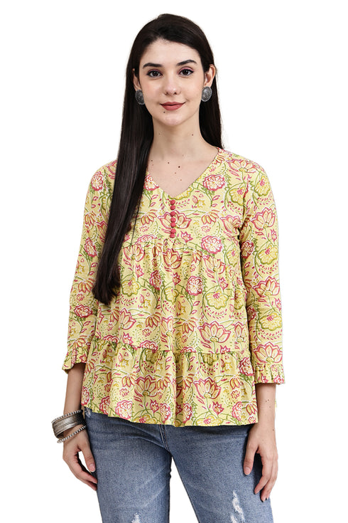 Yellow Pure Cotton Jaipuri Printed Short Top