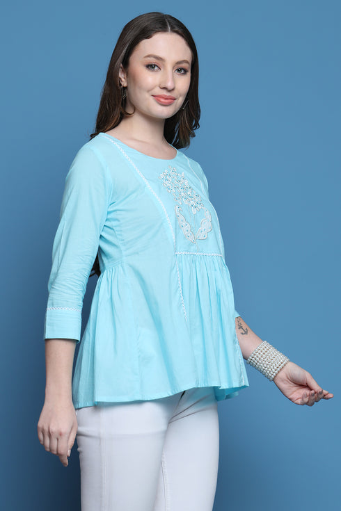 Sky Blue Pure Cotton Patch Work Embroidered Short Top