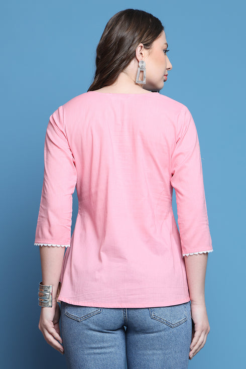 Light Pink Pure Cotton Patch Work Embroidered Short Top