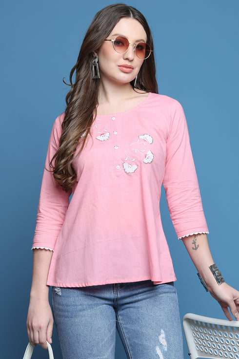 Light Pink Pure Cotton Patch Work Embroidered Short Top