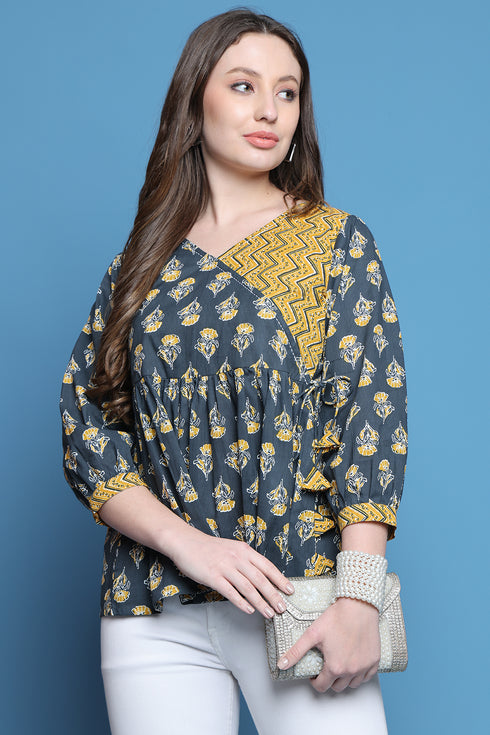 Grey & Yellow Pure Cotton Jaipuri Printed Short Top
