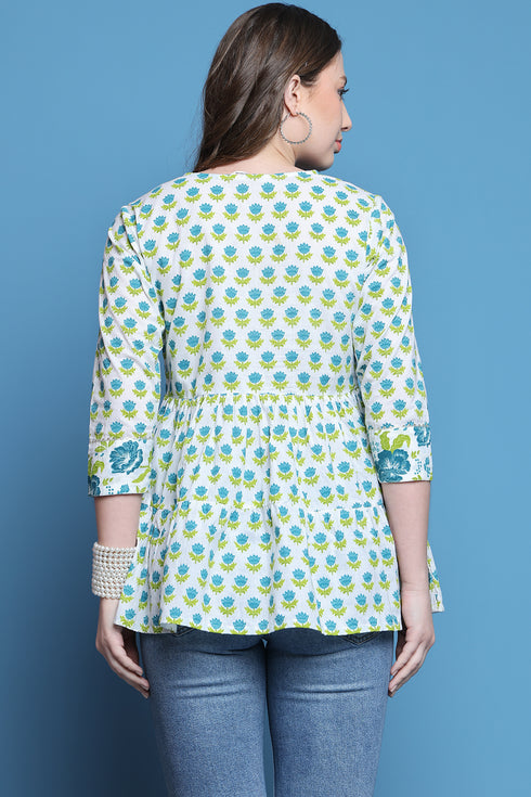 White & Teal Pure Cotton Embroidered Short Top