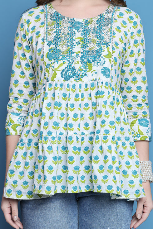 White & Teal Pure Cotton Embroidered Short Top