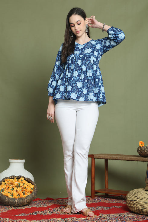 Blue Pure Cotton Jaipuri Printed Short Top
