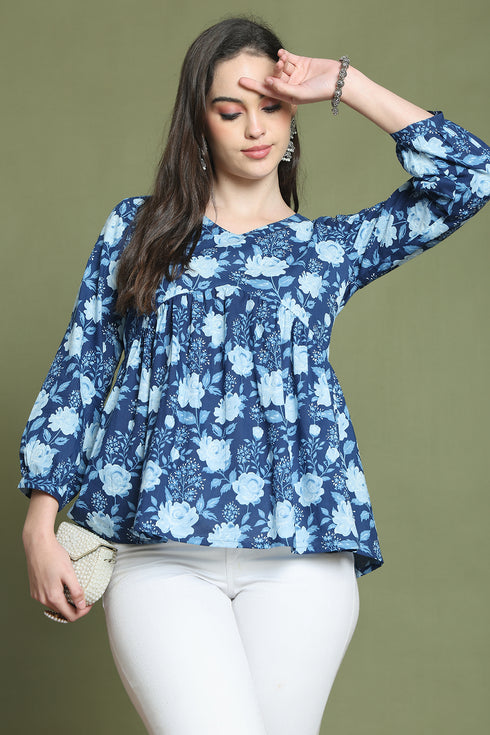 Blue Pure Cotton Jaipuri Printed Short Top